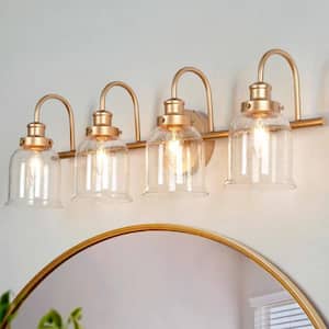 Modern Bell Bathroom Vanity Light 28.3-in 4-Light Brass Gold Wall Sconce Light with Seeded Glass Shades