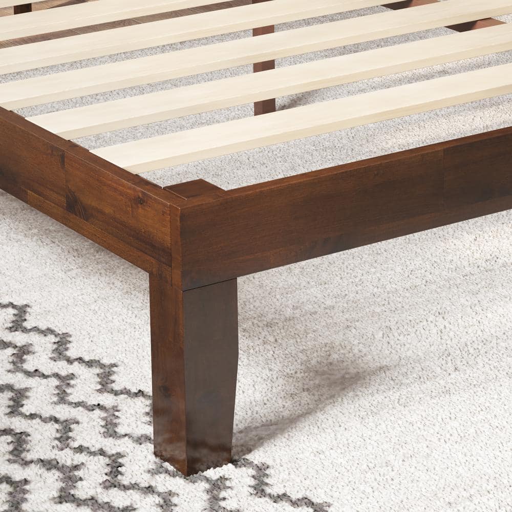 Moiz Queen Brown Wood Platform Bed Frame with Gray Upholstered Headboard