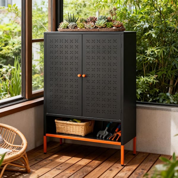 46.45 x 31.5 in. Modern Black Metal Shoe Storage Cabinet w/ Adjustable Shelves, Moisture-Proof Design and Double Doors