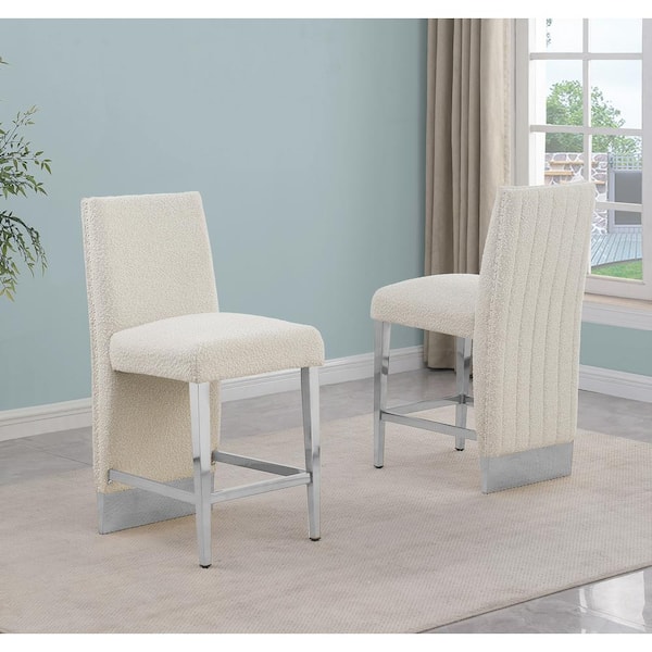 Best Quality Furniture Melany 30 in. Cream Color High Back Metal Frame Iron Legs Bar Stool with Boucle Fabric Side Chair (Set of 2)