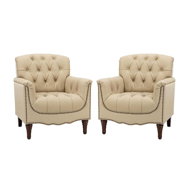 JAYDEN CREATION Elijah Traditional Beige Genuine Leather Button-tufted Armchair with Luxury Style and Solid Wood Legs (Set of 2)