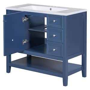 36 in. W x 18 in. D x 34 in. H Single Sink Bath Vanity in Blue with White Ceramic Top