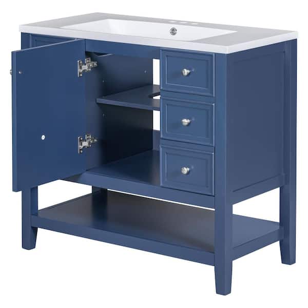 OLUMAT 36 in. W x 18 in. D x 34 in. H Single Sink Bath Vanity in Blue with White Ceramic Top