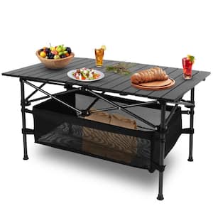 37.2 in. Black Rectangle Aluminum Frame Material Picnic Tables Seats 4 People with Carrying Bag