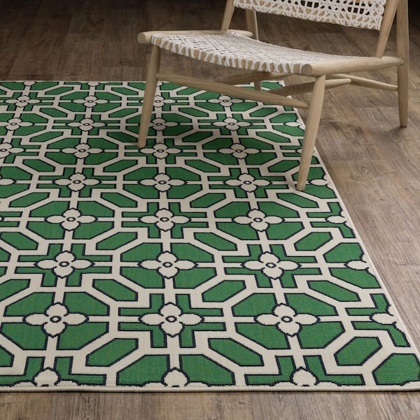 Hibiscus Ivory/Green 10 ft. x 13 ft. Geometric Tile Polypropylene Indoor/Outdoor Area Rug