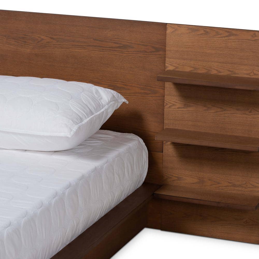 Walnut Brown Wood Queen Platform Storage Bed with Shelves