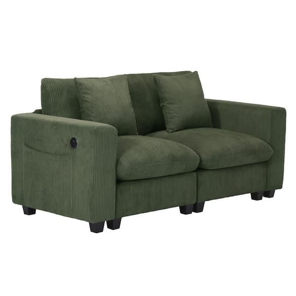 WESTINFURNITURE Hamilton Corduroy Upholstered Square Arm Modular Loveseat with USB Charger Port, Olive Green