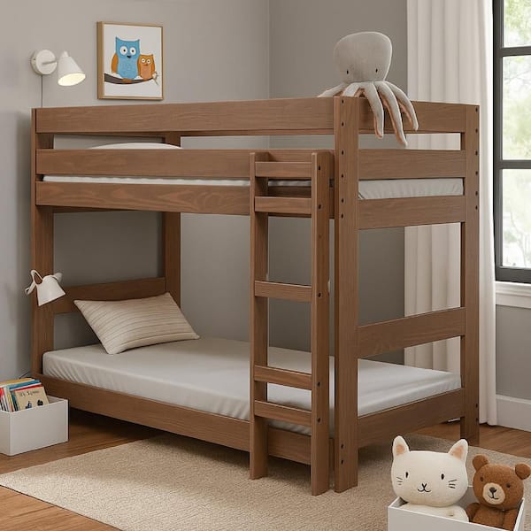 Benjara Modern Brown Twin Bunk Bed with Ladder