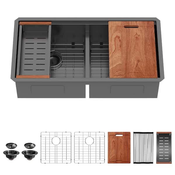 33 in. Undermount Double Bowl (50/50) 16 Gauge Gunmetal Black Stainless Steel Kitchen Sink with Cutting Board, Colander