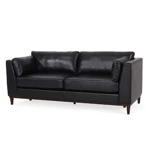 Benway 80.25 in. W 3-Seat Square Arm Faux Leather Straight Midnight Black and Espresso Sofa