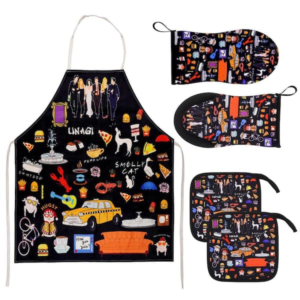 Kitchen Decor with Apron, Non-Slip Heatproof Oven Mitts and Pot Holders, Unique Cooking Accessories for Fans, Black