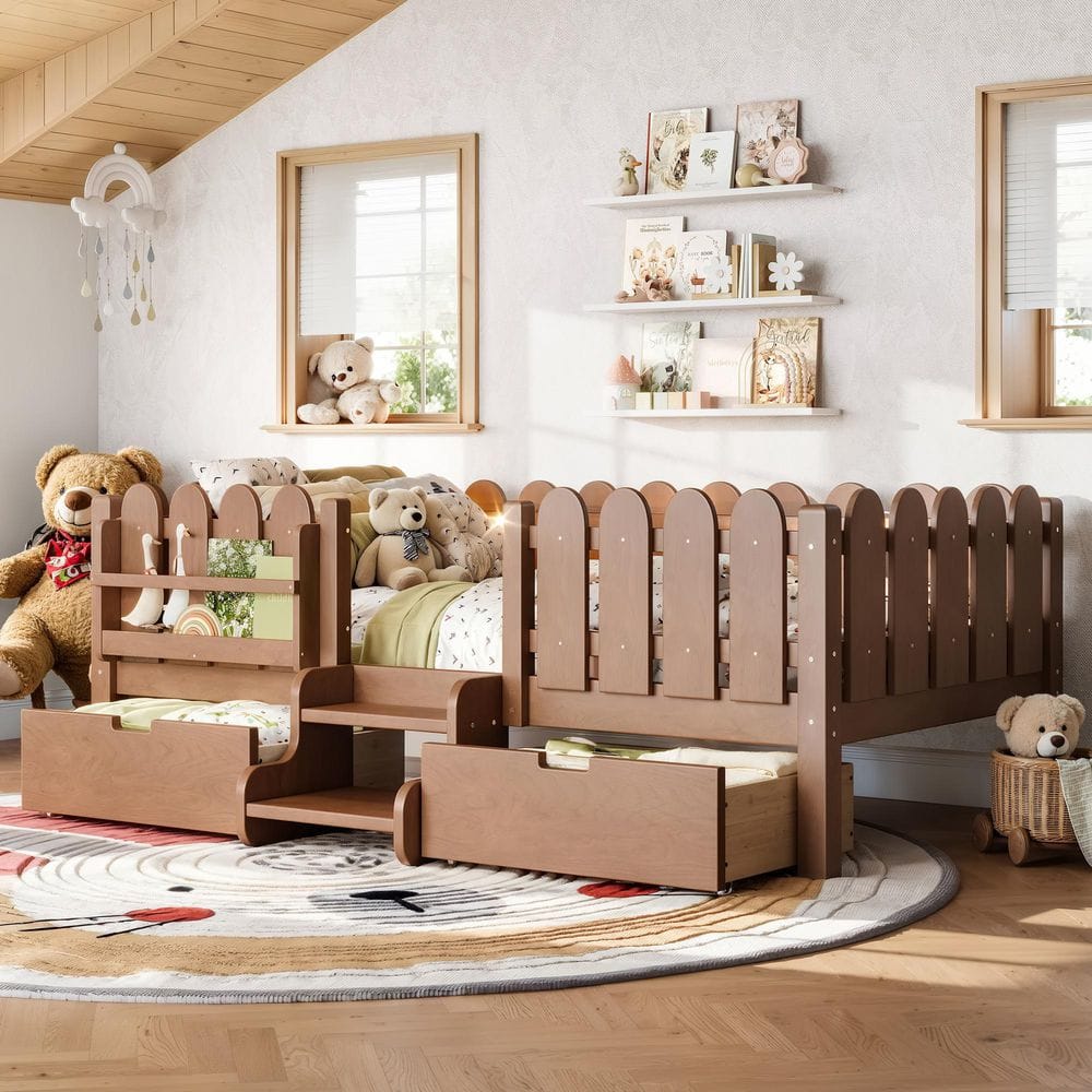 Antique Natural/Brown Wood Frame Twin Platform Bed with Guardrail and Bookshelf, LED Lights and Stairs