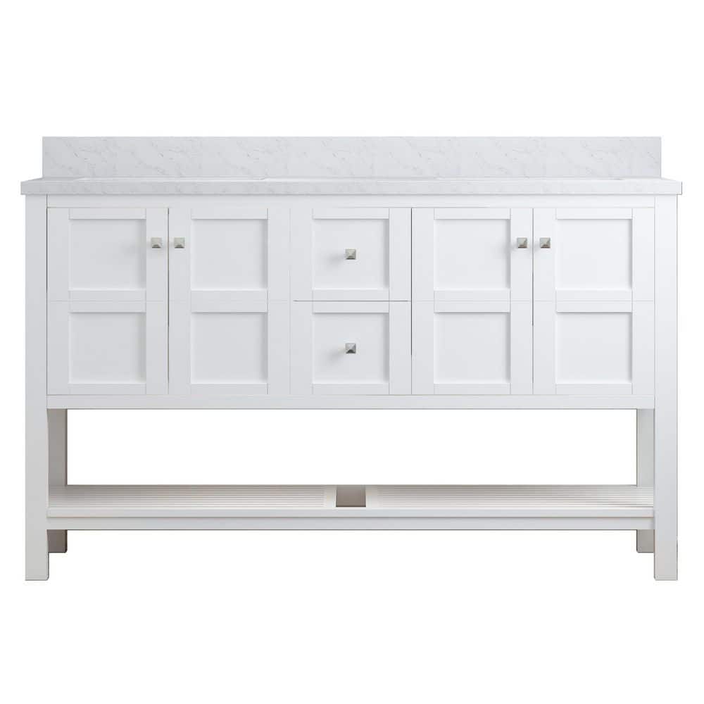 60 in. W x 22 in. D x 35.4 in. H Double Sink Solid Wood Bath Vanity in White with White Natural Marble Top and Basin price history on PriceWatchPro