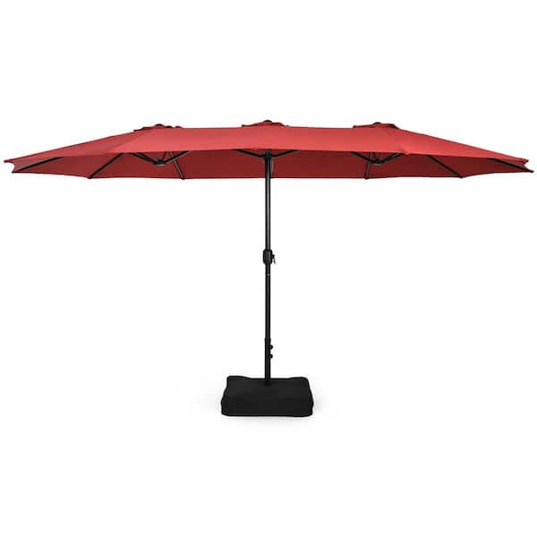 Unbranded 15 ft. Metal Double-Sided Twin Patio Market Umbrella with Crank and Base in Red