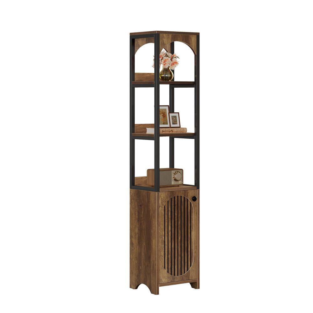 71.65 in. Tall Rustic Brown Engineered Wood 3-Shelf Narrow Bookcase with Louvered Door Cabinet for Corner Bathroom, Home