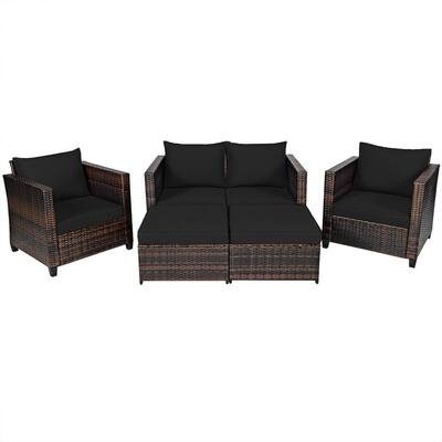5PCS Patio Rattan Furniture Set Loveseat Sofa Ottoman Cushioned Black