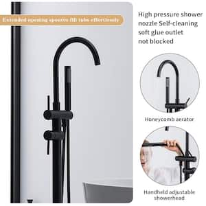 Double-Handle Freestanding Floor Mount Roman Tub Faucet Bathtub Filler with Hand Shower in Matte Black