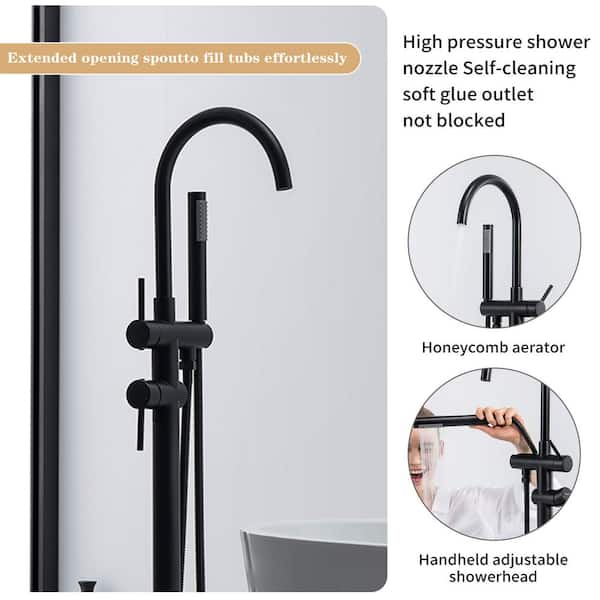 Double-Handle Freestanding Floor Mount Roman Tub Faucet Bathtub Filler with Hand Shower in Matte Black