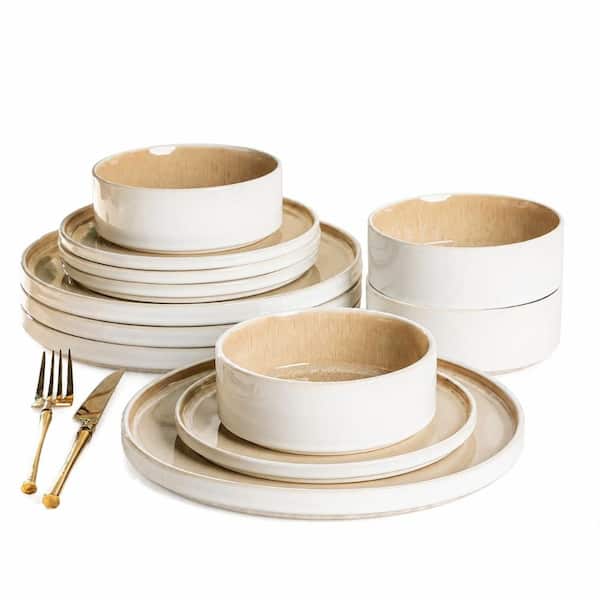 Ceramic Dinnerware Set for 4 with Handmade Reactive Glaze Stoneware Plates and Bowls Chip Resistant
