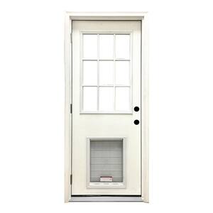 32 in. x 80 in. Reliant Series Clear 9 Lite RHOS White Primed Fiberglass Prehung Front Door with Extra Large Pet Door