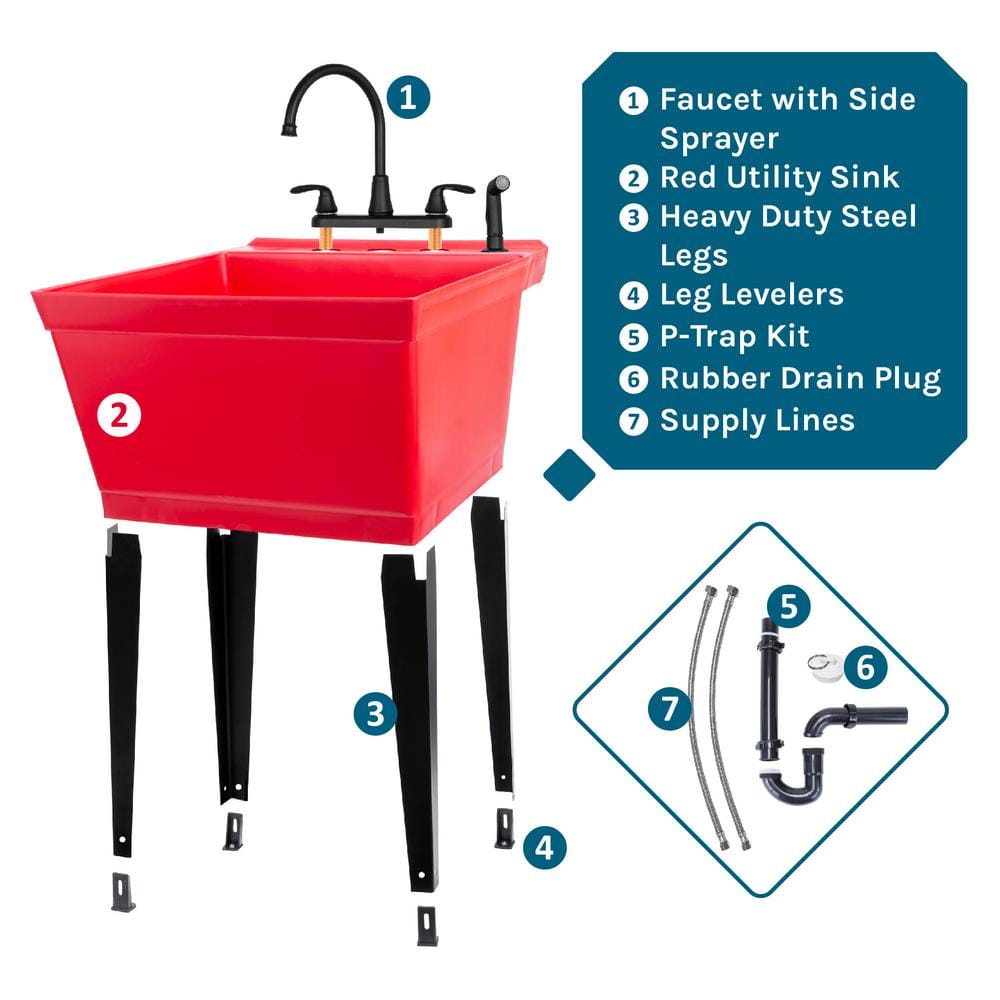Red Thermoplastic Freestanding Utility Sink with Black Faucet