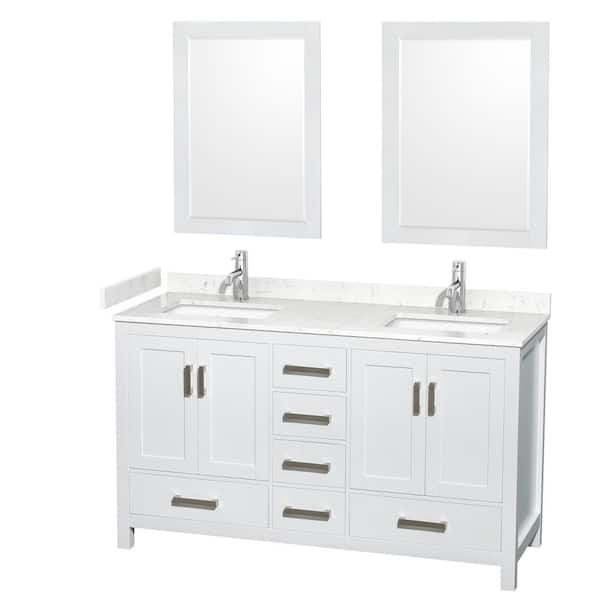 Wyndham Collection Sheffield 60 in. W x 22 in. D x 35 in. H Double Bath Vanity in White with Carrara Cultured Marble Top and 24" Mirrors