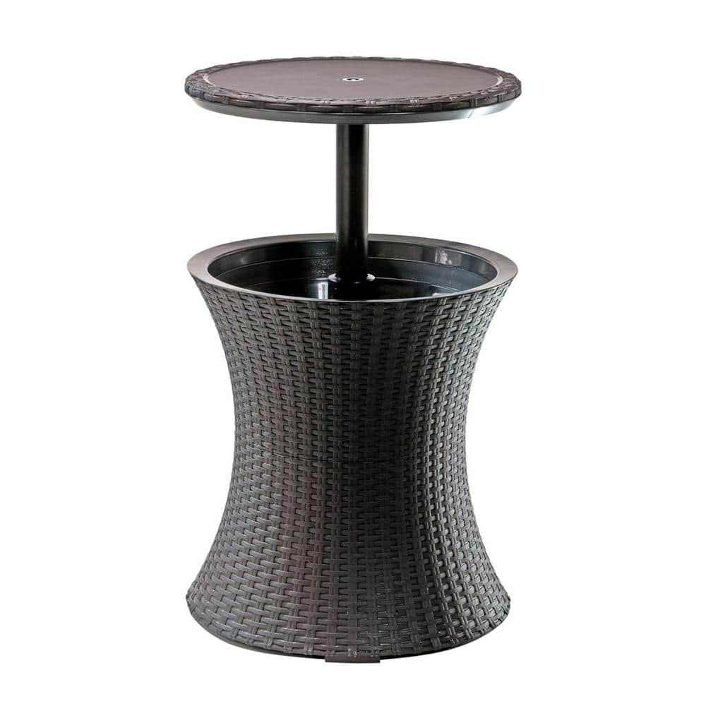 Brown Round Resin Outdoor Side Table with 7.5 Gal. Beer and Wine Cooler
