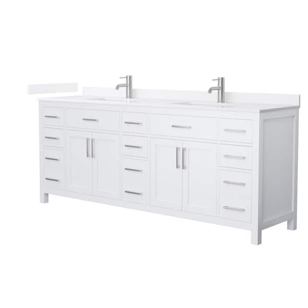 Wyndham Collection Beckett 84 in. Double Freestanding White Bath Vanity with White Quartz Top (Assembled)