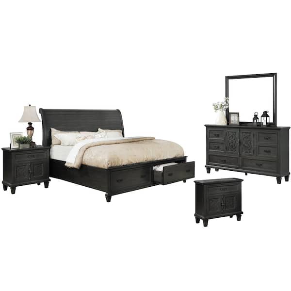 Best Quality Furniture Sleigh 5-Piece Rustic Grey Eastern King Platform Bedroom Set with Nightstand