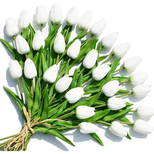 Artificial White Tulips 28 Pcs – 13.5 Inch PU Faux Flowers with Bendable Stems