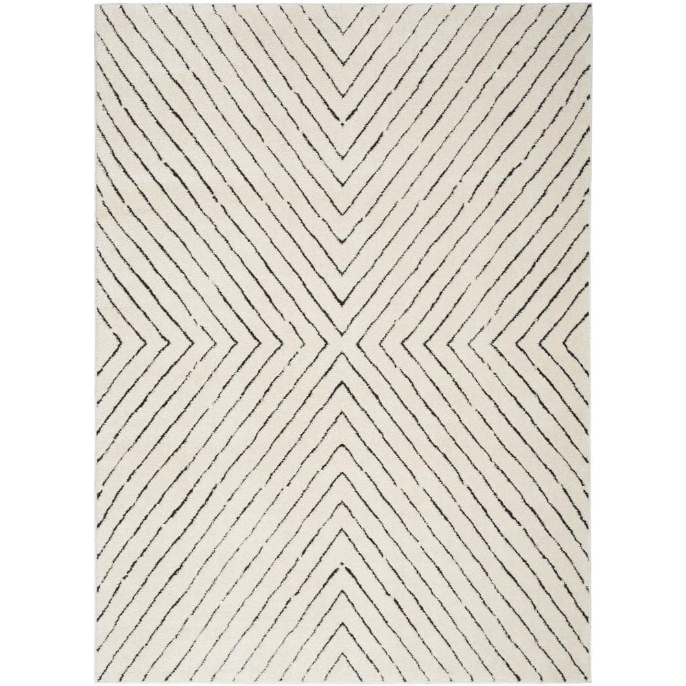 Ivory and Black Chevron Striped 5' x 7' Synthetic Area Rug