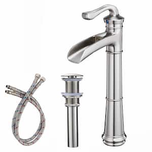 Single-Handle Single-Hole Brass Waterfall Bathroom Vessel Sink Faucet with Drain Kit Included in Brushed Nickel