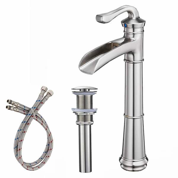 FLG Single-Handle Single-Hole Brass Waterfall Bathroom Vessel Sink Faucet with Drain Kit Included in Brushed Nickel