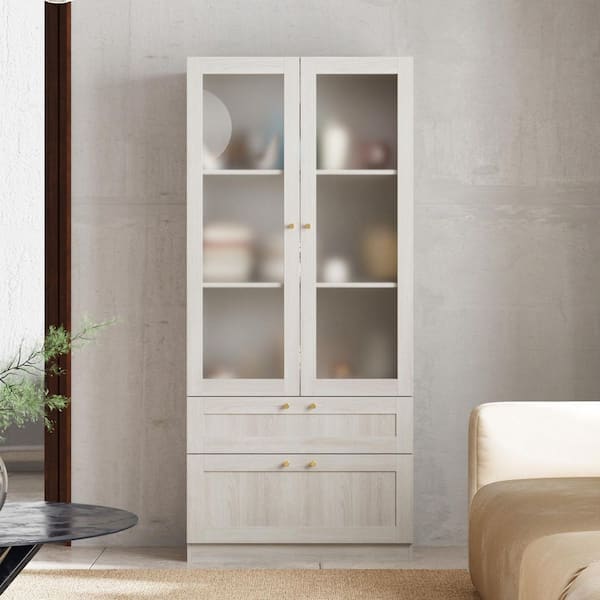 FUFU&GAGA Modern Style Gray Wood Grain 70.9 in. H Accent Storage Cabinet with Adjustable Shelves, Frosted Glass Doors