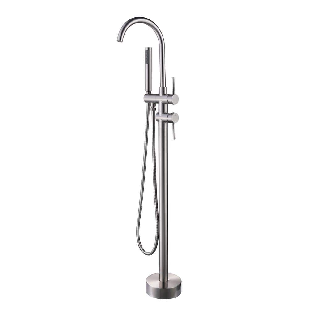 Freestanding 2-Handle Floor Mounted Roman Tub Faucet Bathtub Filler with Hand Shower in Brushed Nickel