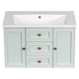 30 in. W Single Sink Floating Bath Vanity in Green with White Ceramic Top, 3-Drawers and 1-Door Top