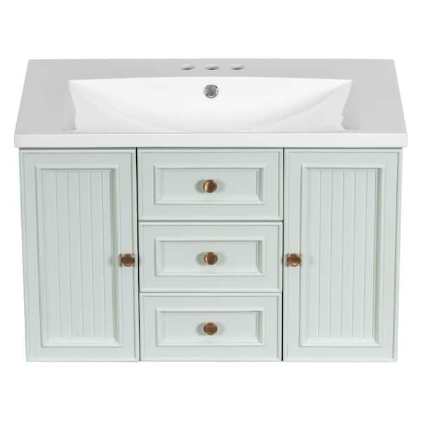 Polibi 30 in. W Single Sink Floating Bath Vanity in Green with White Ceramic Top, 3-Drawers and 1-Door Top