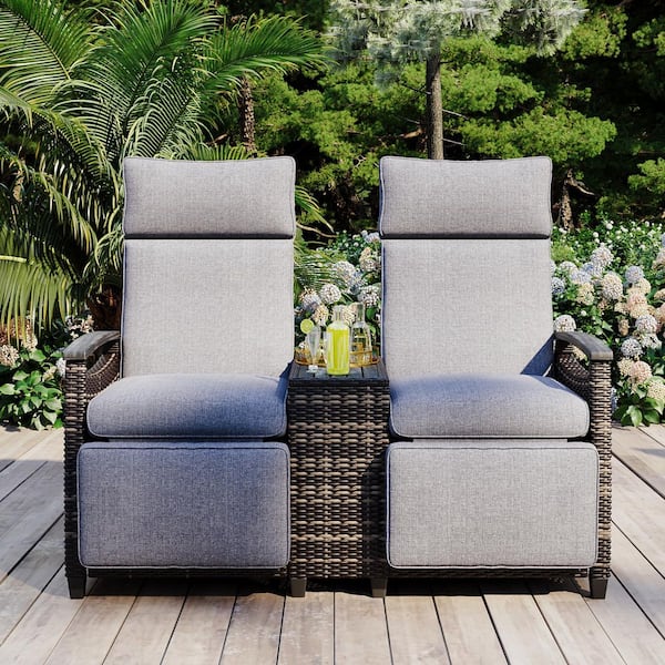 Tenleaf Wicker and Acacia Wood Outdoor Chaise Lounge Loveseat Set with Dark Gray Cushions and Built-in Storage Table