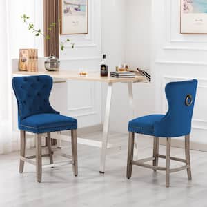 Harper 24 in. Royal Blue Velvet Tufted Wingback Kitchen Counter Bar Stool with Solid Wood Frame Antique Gray (Set of 2)