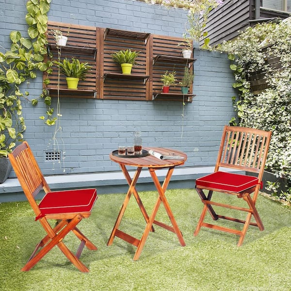 Unbranded Natural 3-Piece Wood Outdoor Bistro Set with Red Cushion for Garden Yard