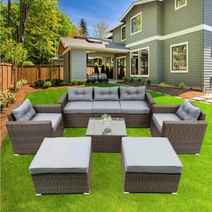 6-Piece Rattan Wicker Outdoor Sectional Set with Gray Cushions