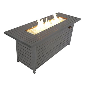 57-in Outdoor Aluminum Gas Propane Fire Pits Table, with Lid, Fire Glass, Rectangular, for Garden Backyard Deck