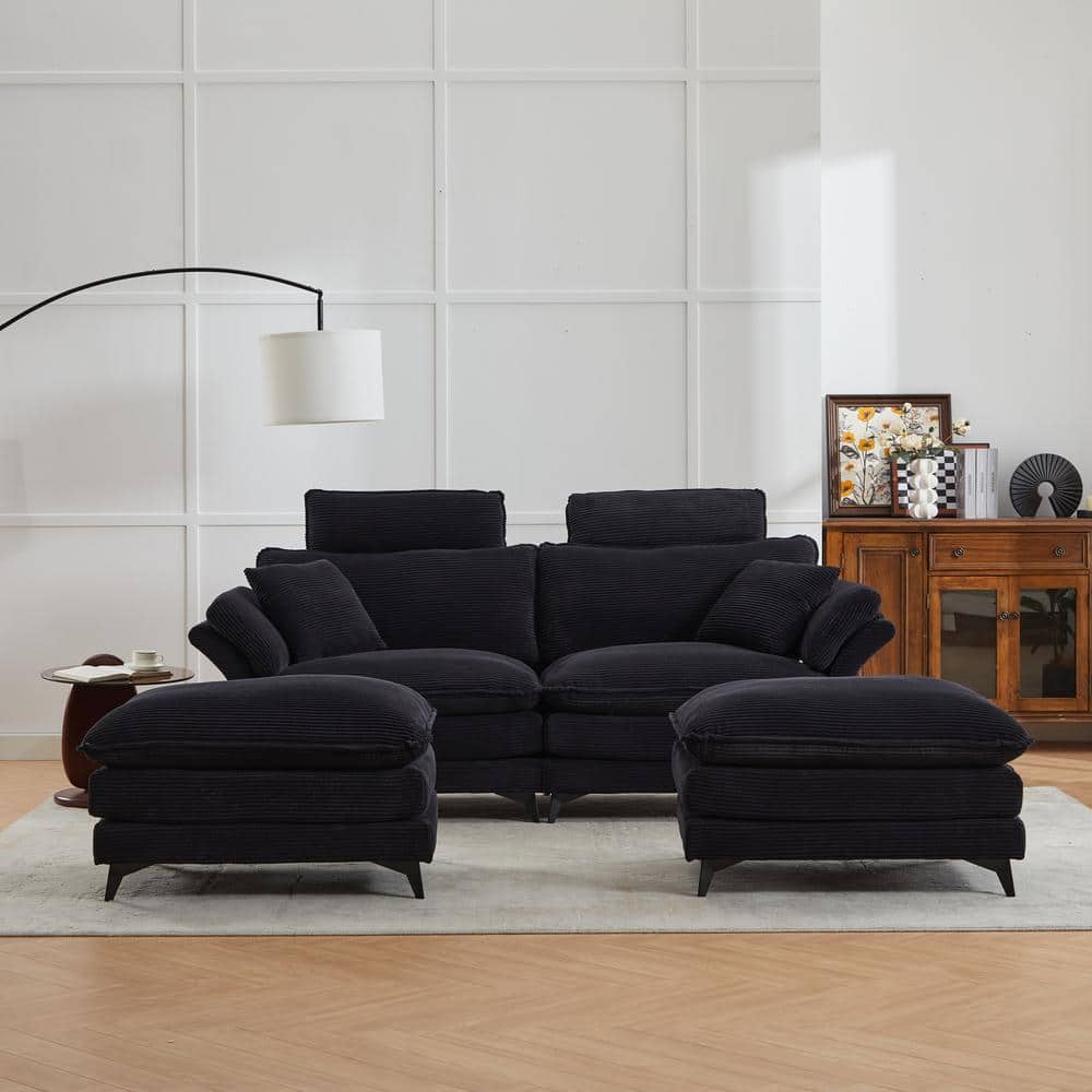 Black Wood Outdoor Sectional Sofa with Black Cushions, Cloud Sofa with Otto