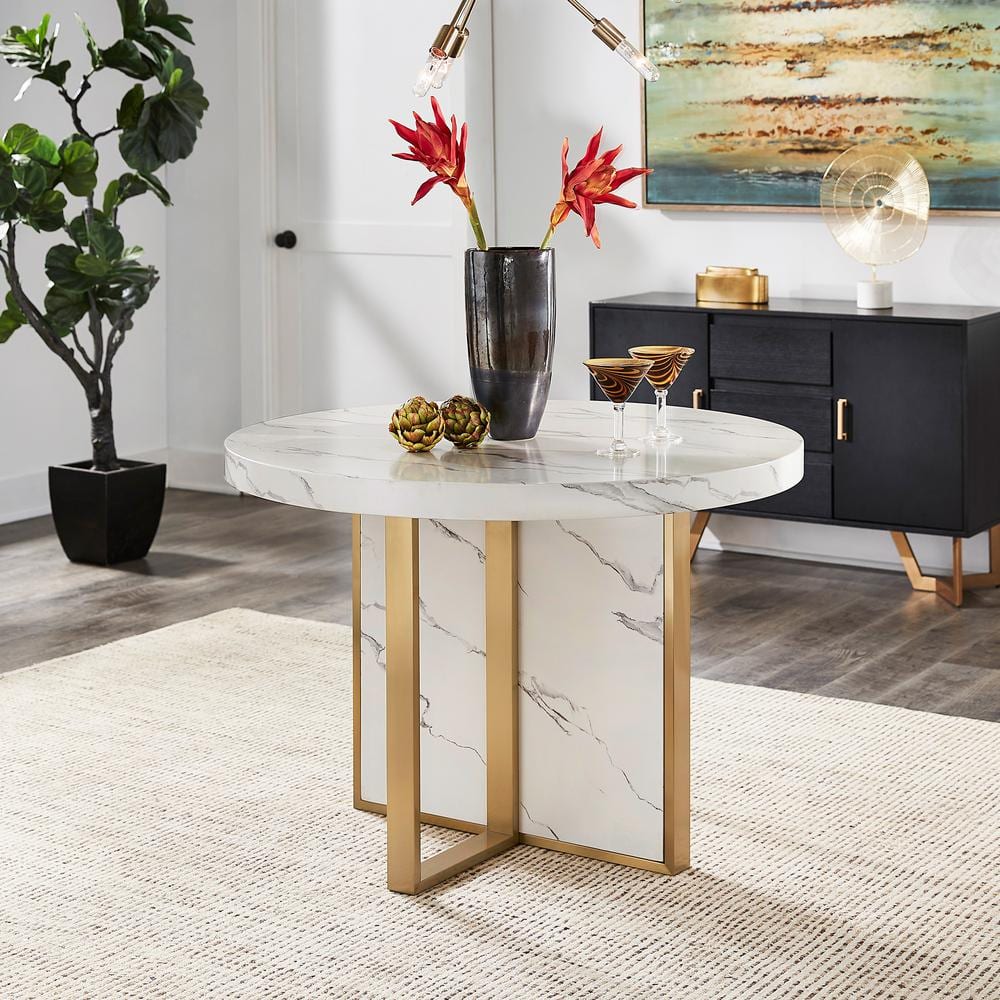 White Faux Marble 43 in. Cross Legs Round Dining Table Seats 4 price history on PriceWatchPro