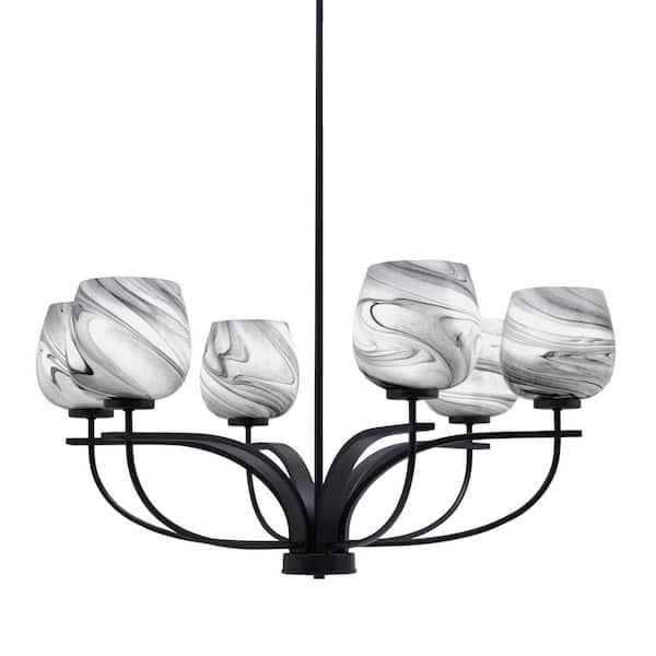 Unbranded Olympia 6-Light Matte Black Round Chandelier with 6 in. Onyx Swirl Glass Shades, No bulbs included