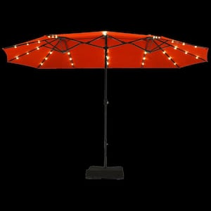 15 ft. Steel Market Solar Patio Umbrella in Orange with LED Lights and Base Stand