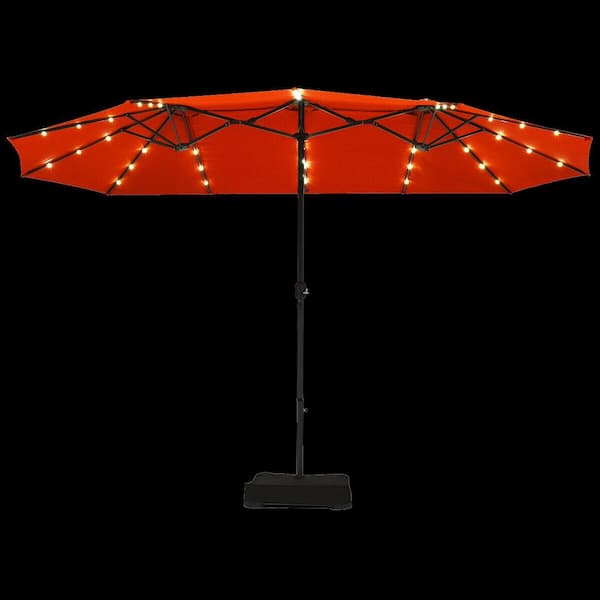 WELLFOR 15 ft. Steel Market Solar Patio Umbrella in Orange with LED Lights and Base Stand