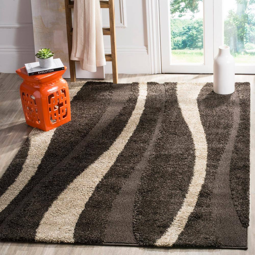 Deluxe Dark Brown & Beige Square Shag Rug, Easy Care Synthetic, 79"