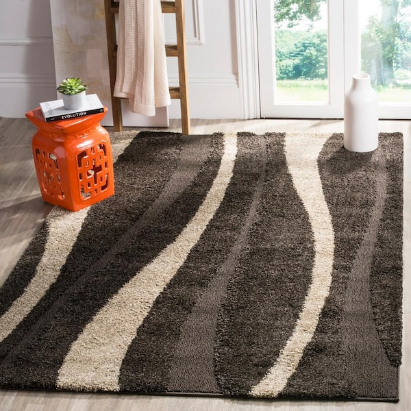 Florida Shag Dark Brown/Beige 7 ft. x 7 ft. Square Striped Area Rug