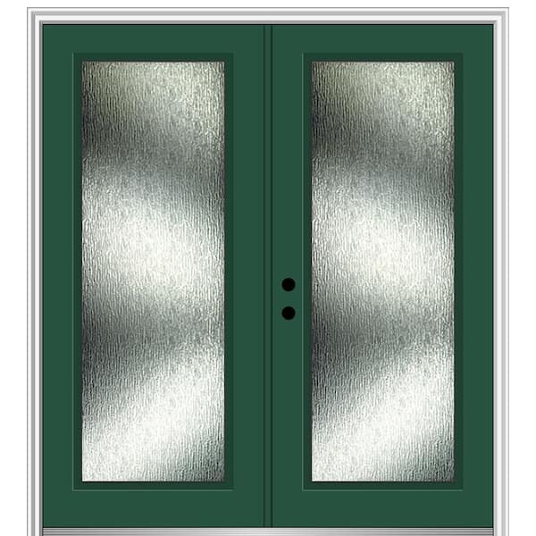 MMI Door 68 in. x 80 in. Right-Hand Inswing Rain Glass Hunter Green Fiberglass Prehung Front Door on 4-9/16 in. Frame
